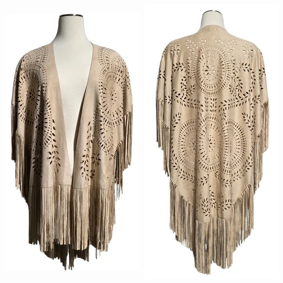 EUC PERSUN LASER CUT FRINGE FAUX SUEDE SHAWL WRAP OS - Picture 2 of 10